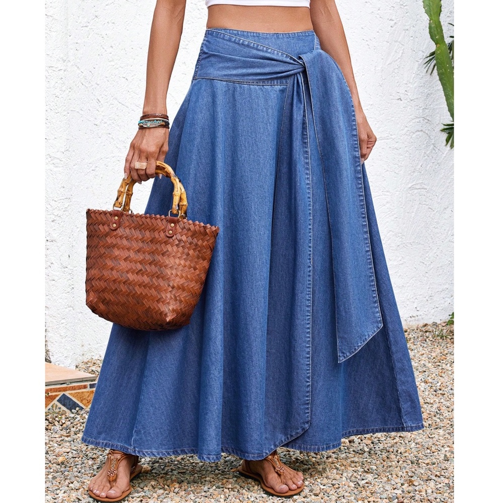 Medium Wash High Waisted Tie Belt Denim Jean Maxi Skirt